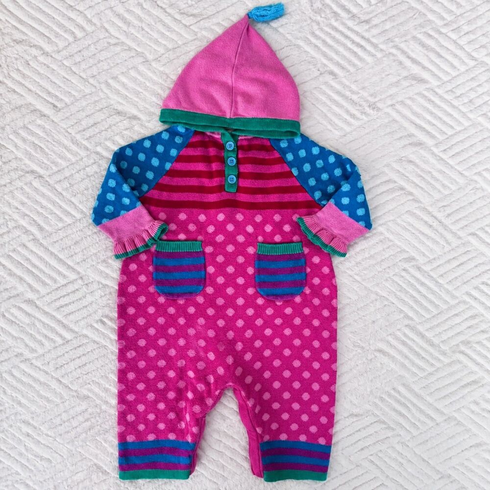 Hanna Andersson Baby 6-12M 70cm Hooded Cotton Sweater Romper Pink Polka Dot Knit